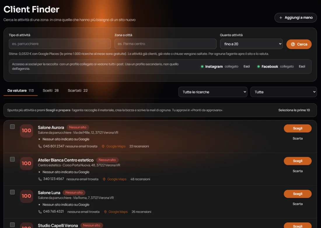 Client Finder: attività senza sito ordinate per punteggio di priorità