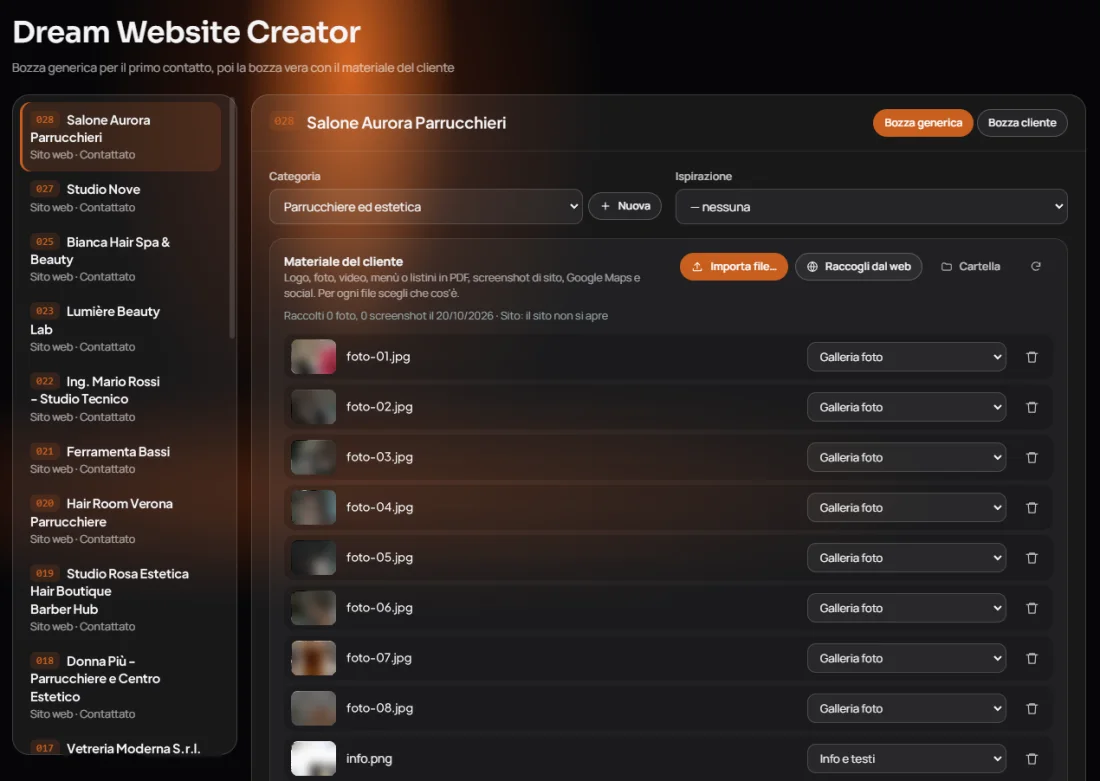 Dream Website Creator con il materiale raccolto per il cliente