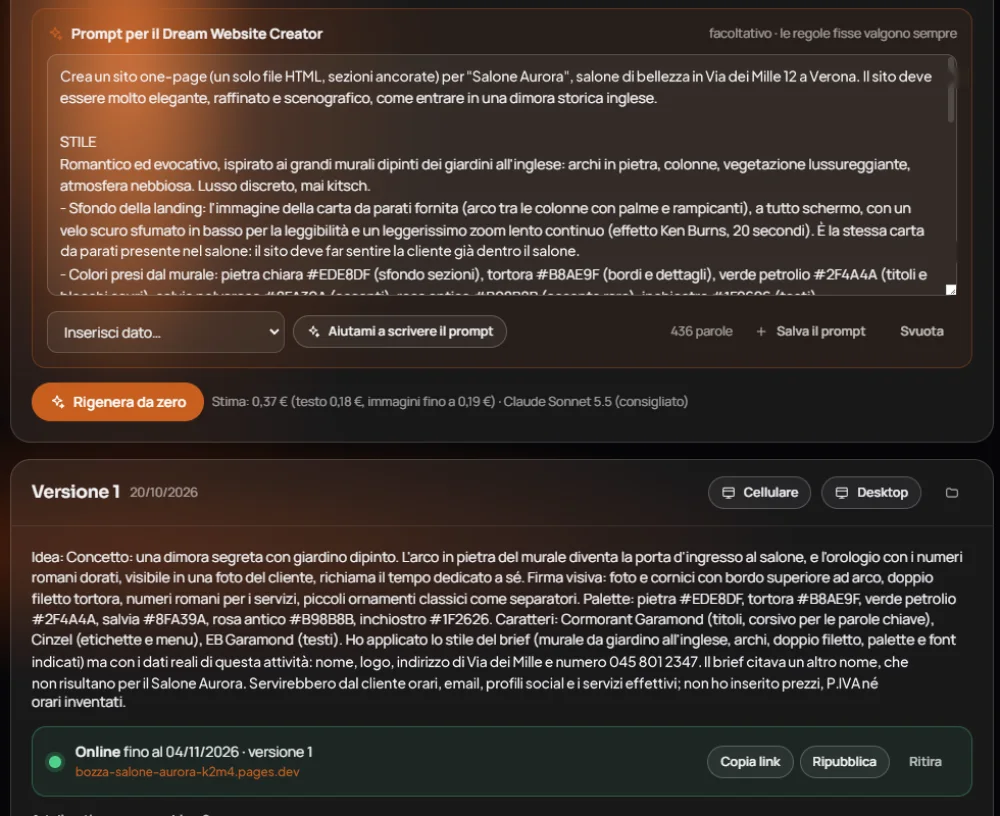 Prompt del Dream Website Creator e bozza pubblicata online